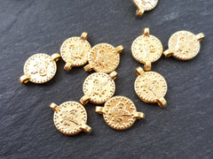 Gold Coin Pendant Charms with Two Loops, Dotted Rim Tughra Round Replica Coin Connectors, Boho,  22k Matte Gold Plated 10pc