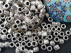 Silver Barrel Beads, Ribbed Beads, Corrugated Beads, Lined Beads, Striped Beads, Grooved Beads, Round Beads, Antique Silver Plated 8pcs