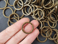 22mm Textured Round Ring Closed Loop Pendant Connector Antique Bronze Plated Turkish Jewelry Making Supplies Findings Component - 4pcs