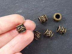 Large Barrel Tube Beads Vine Detailed Tribal Ethnic Antique Bronze Plated Spacers Turkish Jewelry Supplies Findings - 6pc
