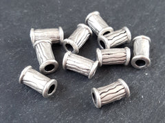 Chunky Rimmed Bark Detailed Barrel Tube Bead Spacers Matte Antique Silver Plated - 10pcs