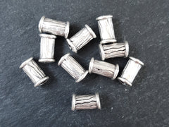 Chunky Rimmed Bark Detailed Barrel Tube Bead Spacers Matte Antique Silver Plated - 10pcs