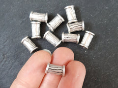 Chunky Rimmed Bark Detailed Barrel Tube Bead Spacers Matte Antique Silver Plated - 10pcs