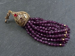Large Long Plum Purple Facet Cut Jade Stone Beaded Tassel with Crystal Accents - Antique Bronze - 1PC