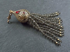 Large Long Smokey Quartz Facet Cut Stone Beaded Tassel with Crystal Accents - Antique Bronze - 1PC