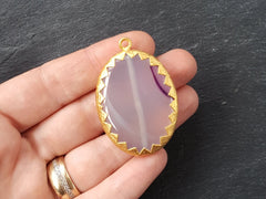 CLEARANCE Large Oval Clear Purple Agate Pendant - Serrated Border - 22k Matte Gold Plated 1pc - No:3