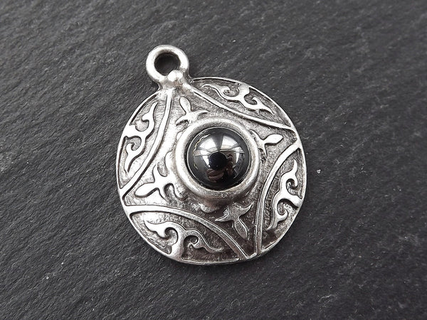 Round Dome Tribal Pendant with Shiny Greystone Glass Accent - Matte Silver plated - 1pc