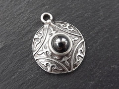 Round Dome Tribal Pendant with Shiny Greystone Glass Accent - Matte Silver plated - 1pc