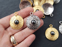 Round Dome Tribal Pendant with Shiny Greystone Glass Accent - Matte Silver plated - 1pc