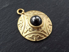 Round Dome Tribal Pendant with Shiny Greystone Glass Accent - 22k Matte Gold plated - 1pc