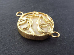 Soft Ivory Cream Rustic Leaves Jade Connector  - 22k Matte Gold plated Bezel - 1pc