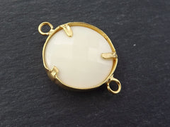 Soft Ivory Cream Rustic Leaves Jade Connector  - 22k Matte Gold plated Bezel - 1pc