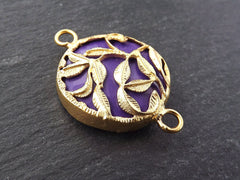 Purple Rustic Leaf Jade Stone Connector Pendant, Gold Bezel, Royal Purple, 22k Matte Gold plated, 1pc