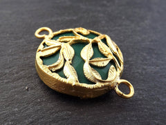 Emerald Green Rustic Leaves Jade Connector  - 22k Matte Gold plated Bezel - 1pc