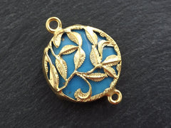 Gold Speckle Blue Rustic Leaves Jade Connector  - 22k Matte Gold plated Bezel - 1pc