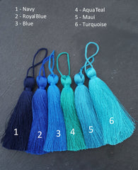 Maui Blue Silk Tassel, Thick Necklace Tassel, Mala Tassel, Jewelry Tassel, Keychain tassel, Home Decor tassel,  Braided Loop, 113mm, 1 pc