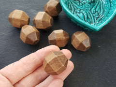 Large Hexagon Wood Beads Dark Brown Dyed Satin Varnished Hexagonal Prism Tribal Bead Spacers, 27x22mm - 2pcs