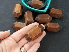 Large Long Natural Hexagon Wood Beads Dark Brown Dyed Satin Varnished Plain Simple Hexagonal Prism and Pyramid Bead Spacers - 45x22mm - 2pcs