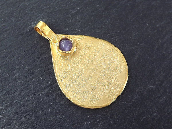 Teardrop Medallion Pendant with Lilac Purple Jade Stone Accent - Arabic Calligraphy - 22k Matte Gold Plated - 1pc