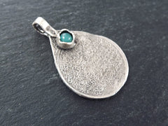 Teardrop Medallion Pendant with Aqua Jade Stone Accent - Arabic Calligraphy - Matte Antique Silver Plated - 1pc