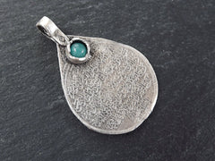 Teardrop Medallion Pendant with Aqua Jade Stone Accent - Arabic Calligraphy - Matte Antique Silver Plated - 1pc