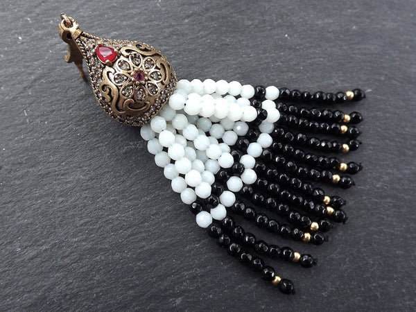 Large Long Black Onyx White Opal Facet Cut Stone Beaded Tassel with Crystal Accents - Antique Bronze - 1PC