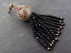 Black Tassel Pendant, Black Onyx Tassel, Gemstone Tassel, Black Stone, Beaded Tassel, Facet Cut Stone, Handmade, Antique Bronze - 1PC