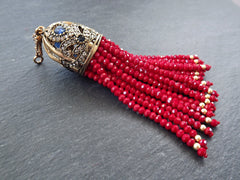 Large Long Sparkly Red Facet Cut Rondelle Crystal Beaded Tassel with Crystal Accents - Antique Bronze - 1PC