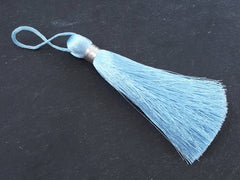 Extra Large Powder Blue Thread Tassels Earring Bracelet Necklace Tassel Jewelry Silver Metallic Band - 4.4 inch - 113mm - 1 pc