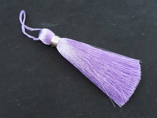 Extra Large Lilac Purple Thread Tassels Earring Bracelet Necklace Tassel Jewelry Silver Metallic Band - 4.4 inch - 113mm - 1 pc