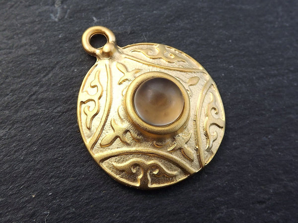 Round Dome Tribal Pendant with Frosted Smokey Beige Glass Accent - 22k Matte Gold plated - 1pc