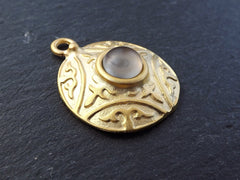 Round Dome Tribal Pendant with Frosted Smokey Beige Glass Accent - 22k Matte Gold plated - 1pc