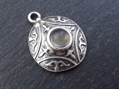 Round Dome Tribal Pendant with Frosted Smokey Beige Glass Accent - Matte Silver plated - 1pc