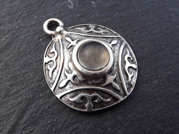 Round Dome Tribal Pendant with Frosted Smokey Beige Glass Accent - Matte Silver plated - 1pc