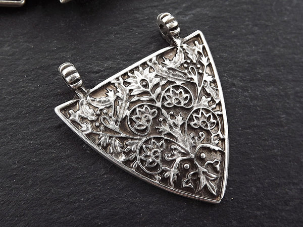 Silver Triangle Pendant, Floral Pendant, Victorian, Floral Pattern, Fleur de lis, Triangle Necklace Pendant, 2 loops, Antique Silver Plated