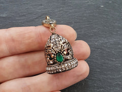 Green Rhinestone Bead Cap, Turkish Bead Cap, Tassel Cap, Rhinestone Bail, Round Cap, Bronze Tassel Cap, Cap Pendant, Tassel Head, 1PC