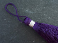 Extra Large Deep Purple Thread Tassels Earring Bracelet Necklace Tassel Jewelry Silver Metallic Band - 4.4 inch - 113mm - 1 pc