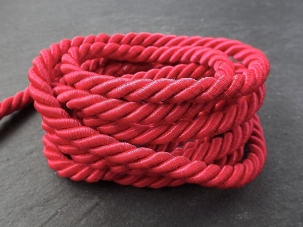 Cardinal Red Rope 7mm Twisted Rayon Satin Rope Silk Braid Cord - 3 Ply Twist - 1 meters - 1.09 Yards - Twisted Rope Jewelry Cord