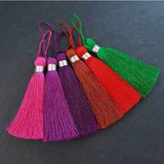 Extra Large Red Thread Tassels Earring Bracelet Necklace Tassel Jewelry Silver Metallic Band - 4.4 inch - 113mm - 1 pc