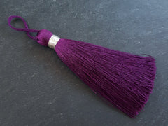 Large Plum Purple Silk Thread Tassel Fringe, Silver Metallic Band, Mala Necklace Tassel, Door Tassel, Drawer Tassel, 4.4 inch=113mm, 1pc