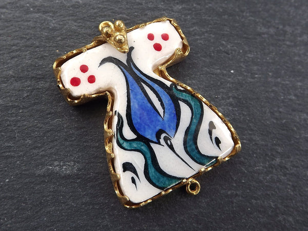 Hand painted Turkish Ottoman Caftan Pendant Connector - Blue White Tulip - No:2 - Cini Ceramic - Gold plated 1pc