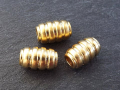 Large Gold Tube Beads, Large Ribbed Barrel Bead Spacers, Large Big Hole Beads, 22k Matte Gold Plated Brass, 3pc