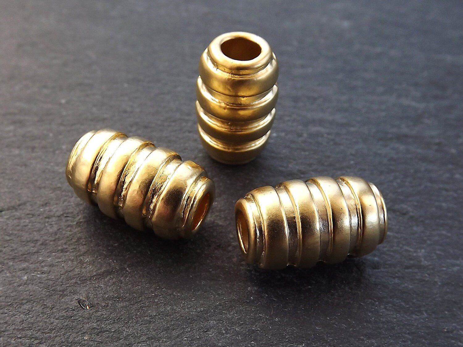 Large Gold Tube Beads, Large Ribbed Barrel Bead Spacers, Large Big Hole Beads, 22k Matte Gold Plated Brass, 3pc