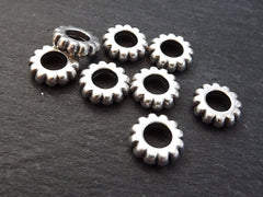 8 Silver Spacer Washer Beads, Ribbed Fluted Large Hole Flat Round Metal Beads, Matte Antique Silver Plated Brass Round