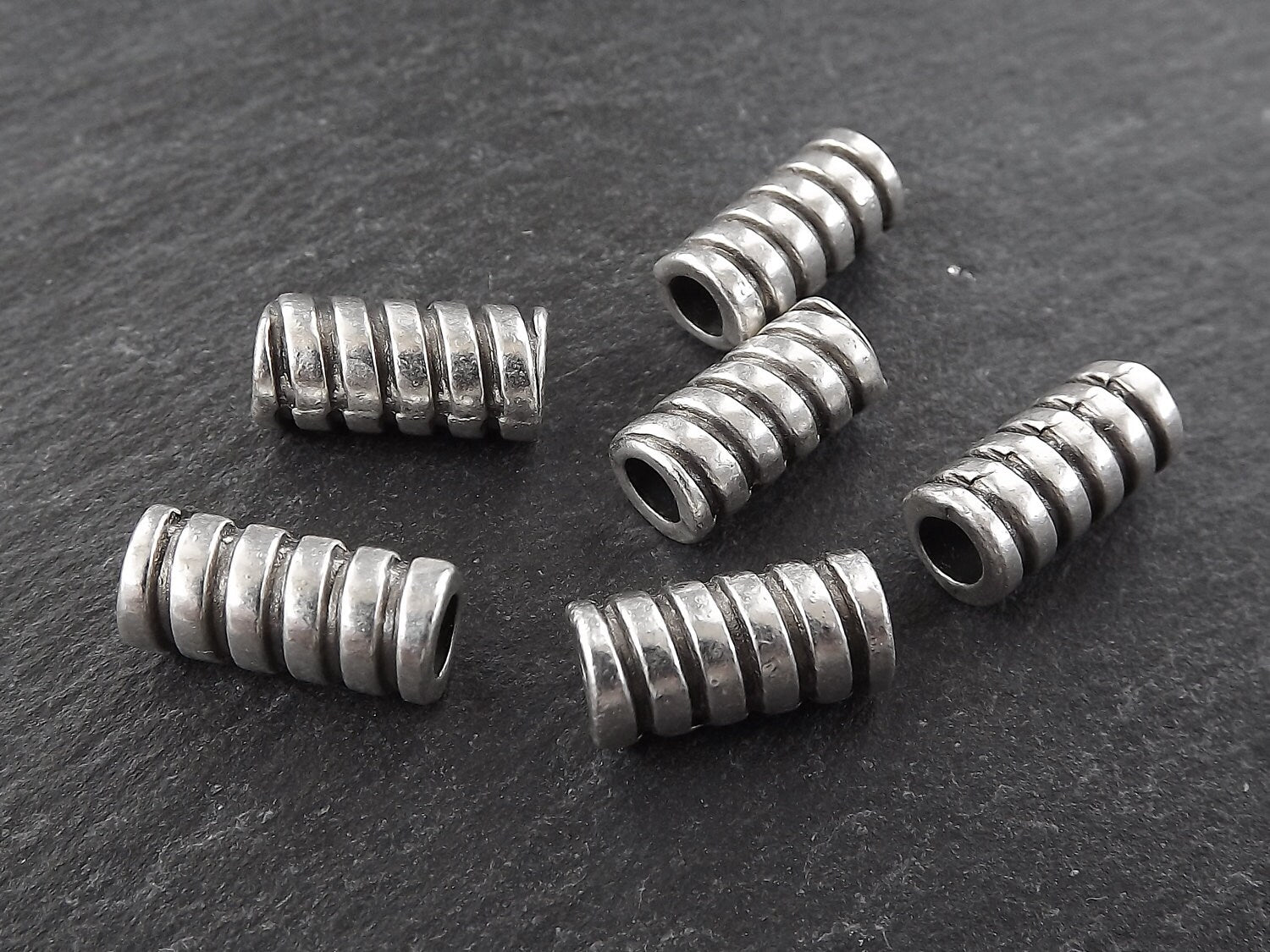 Large Narrow Spiral Ribbed Barrel Tube Beads - Matte Silver Plated Brass - 6p