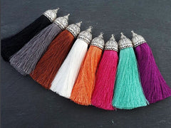 Extra Large Thick Gray Silk Thread Tassel Pendant with Ornate Silver Plated Cap Jewelry Supplies - 4.6 inches - 117mm - 1 pc