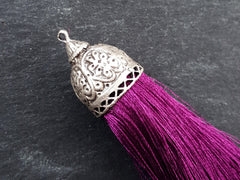 Magenta Purple Silk Thread Tassel Pendant with Ornate Silver Plated Cap Jewelry Supplies - 4.6 inches - 117mm - 1 pc