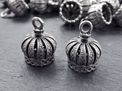 2 Ornate Tassel Caps - Medium Size -  Matte Antique Silver Plated Round Bead caps