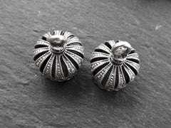 2 Ornate Tassel Caps - Medium Size -  Matte Antique Silver Plated Round Bead caps