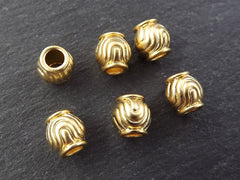 Gold Barrel Beads, Large Round Ripple Wave Detail Ball Bead Spacers, Bracelet Beads, Non Tarnish 22k Matte Gold Plated Brass, 6pc